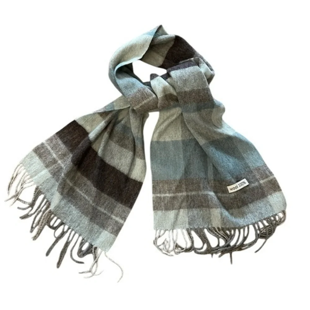 NWOT BYTU 100% wool gray & aqua plaid scarf